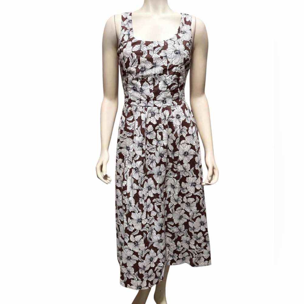 Joie Brown White Floral Sleeveless Midi Dress Sz 10 -pockets , A line scoop neck